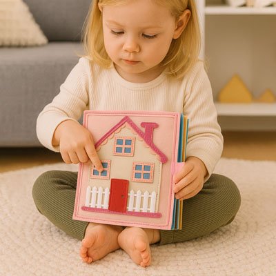 Livre enfant en tissus maison et petite fille