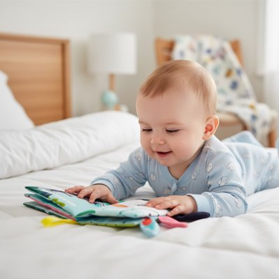 Livre bebe en tissus allonge sur le lit