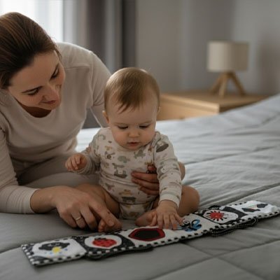 Livre bebe en tissus carreaux detachables avec maman
