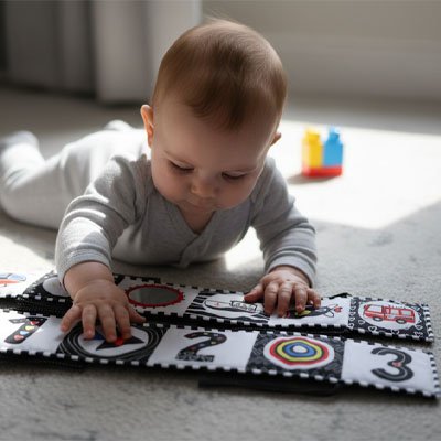 Livre bebe en tissus carreaux detachables noirs blancs rouges