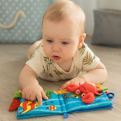 Livre bebe en tissus dans la mer bebe sur ventre